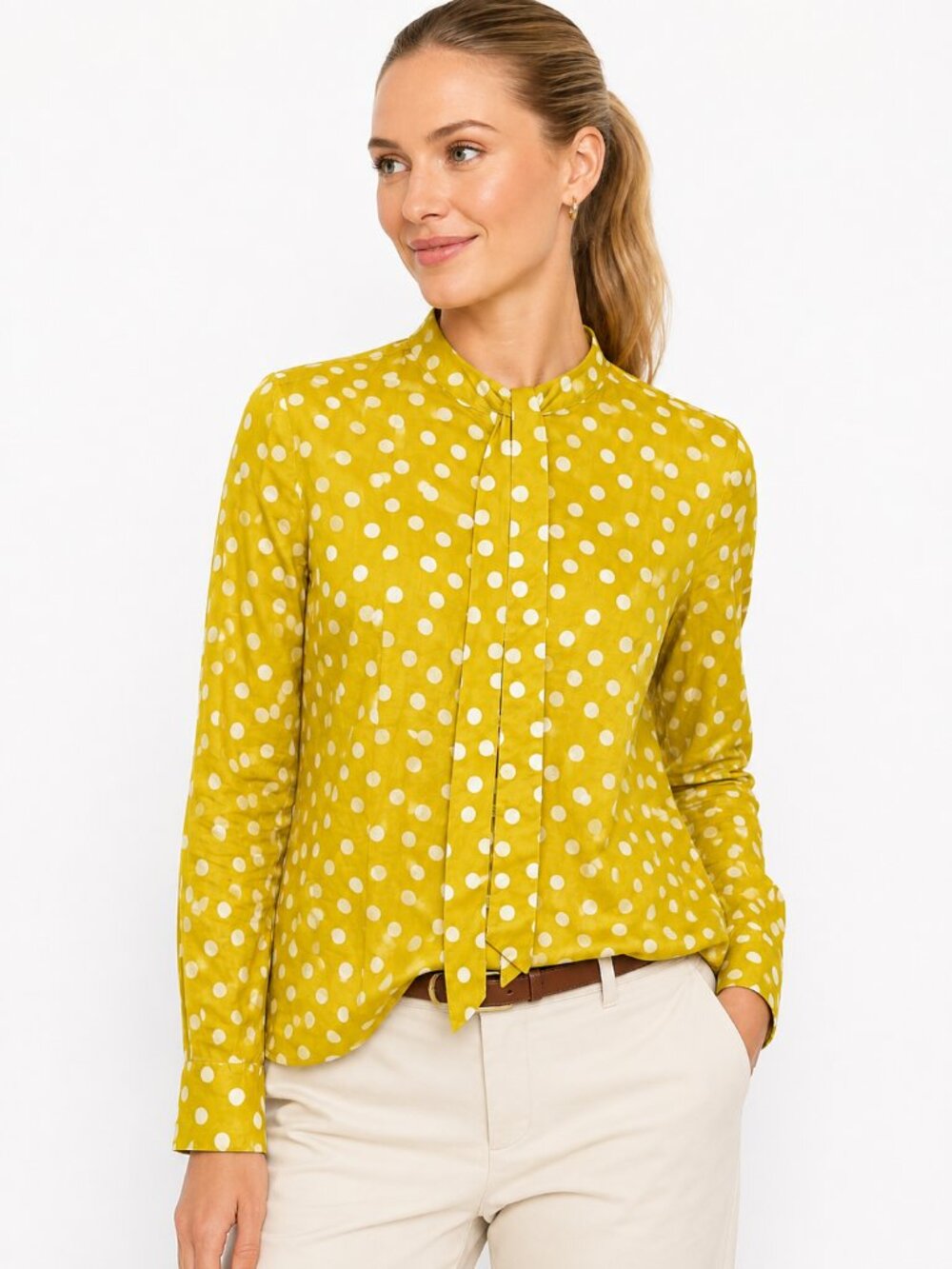 Boden Womens Polka Dot Blouse Yellow White Long Sleeve Tie Neck Size US 4 / UK 8